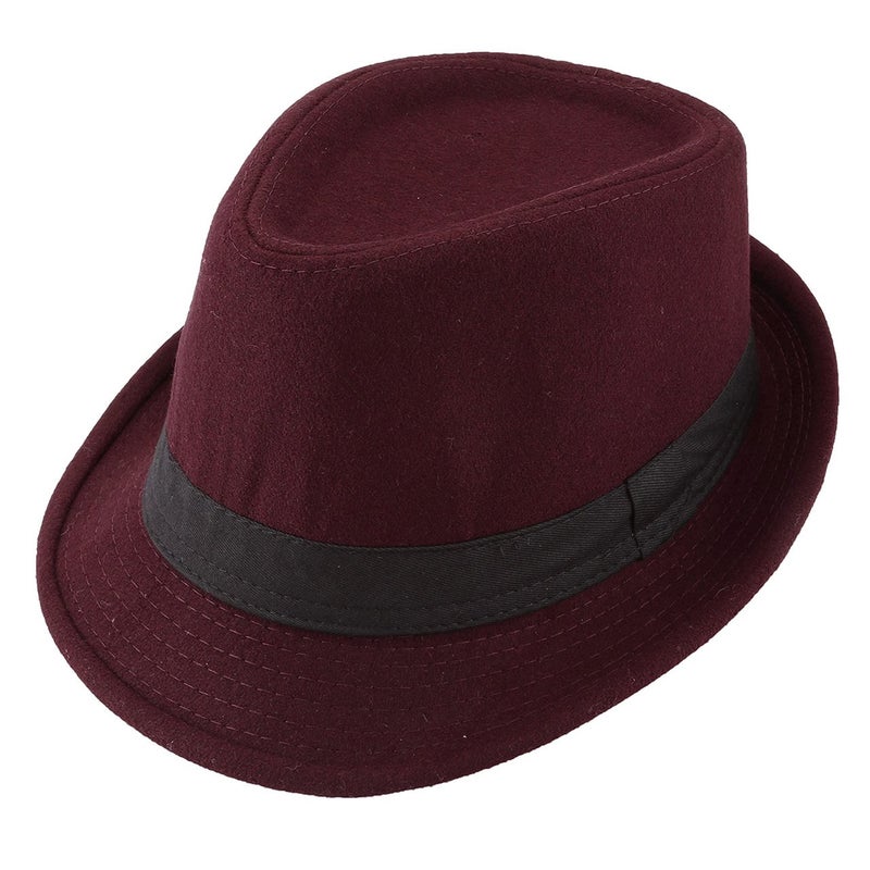 FALETO Unisex Classic Manhattan Fedora Hat with Black Band Fashion Casual Jazz Wool Cap (Wine Red) - Image 1